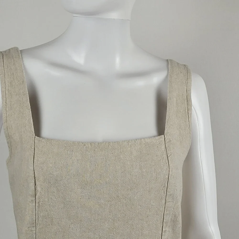 Old Navy Mini Dress Womens L Oatmeal Beige Excellent Linen Blend Smocked Back - Picture 2 of 10